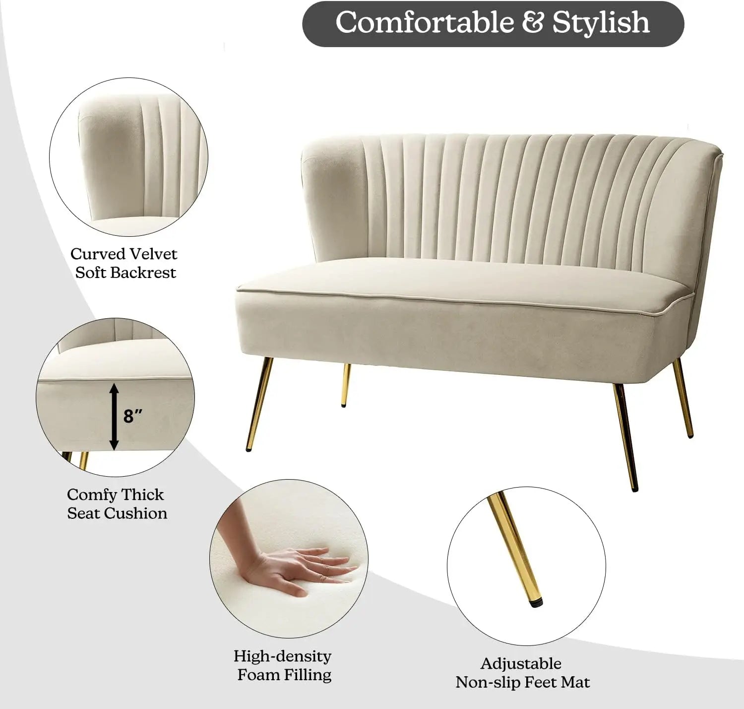 Contemporary Velvet Loveseat Sofa, Tufted 2-Seat Couch with Metal Legs, TAN