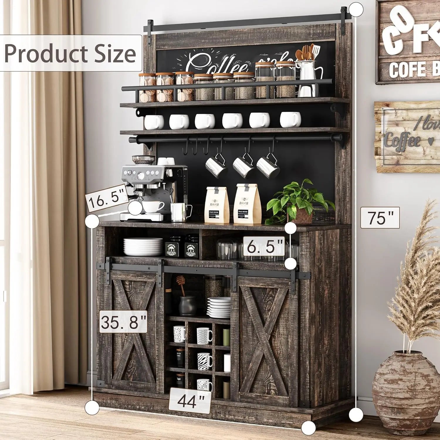 75″ Tall Farmhouse Bar Cabinet – Coffee Hutch with Sliding Barn Door