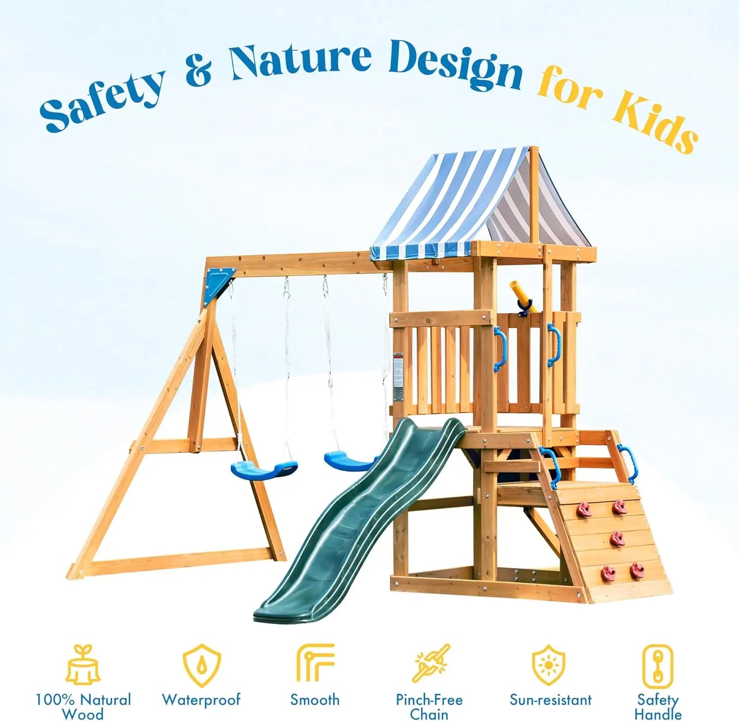 Robotime Robud Wooden Swing Set – Backyard Playset with Slide, Climbing Wall & Fort