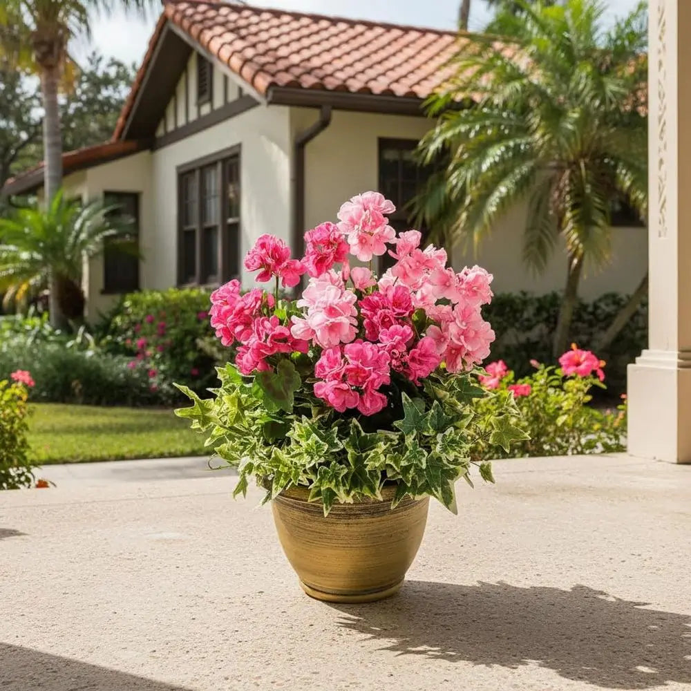 Pink Flowering Artificial Geranium Plant in Bronze Pot for Outdoor Porch and Patio Decor, Large Arrangement with Heavy Pot