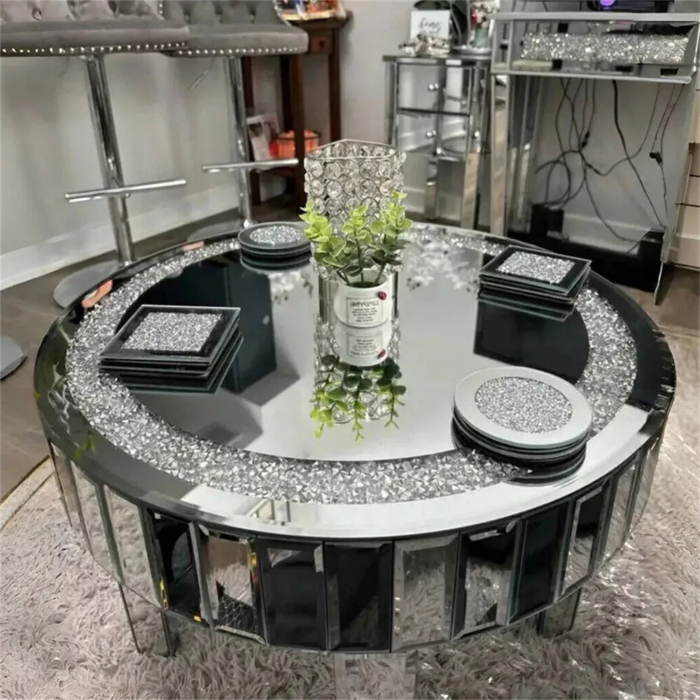 Crushed Crystal Mirrored Coffee Table – 60cm Round Accent Table