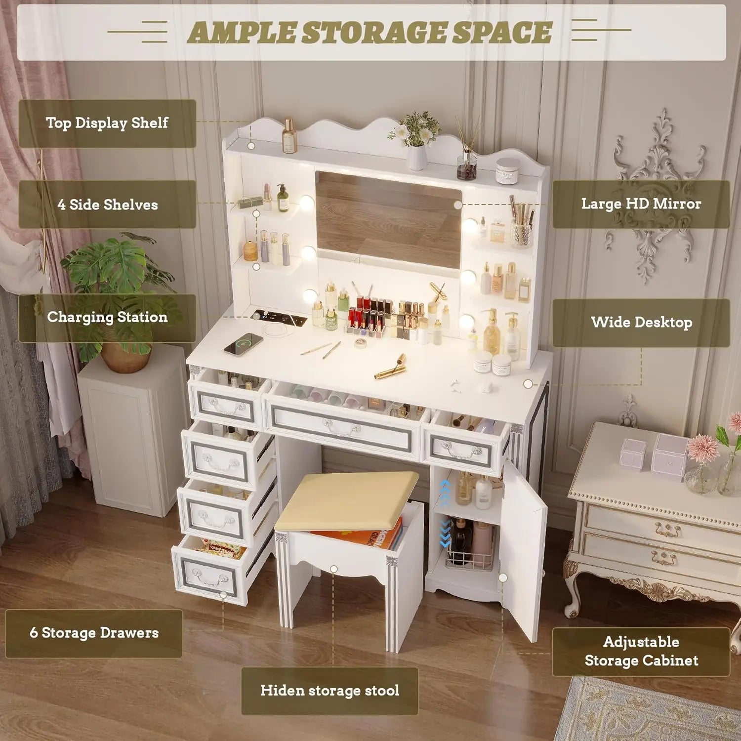 Makeup Vanity Desk with Mirror, Lights & Charging Station, 6 Drawers, White Bedroom Dressing Table
