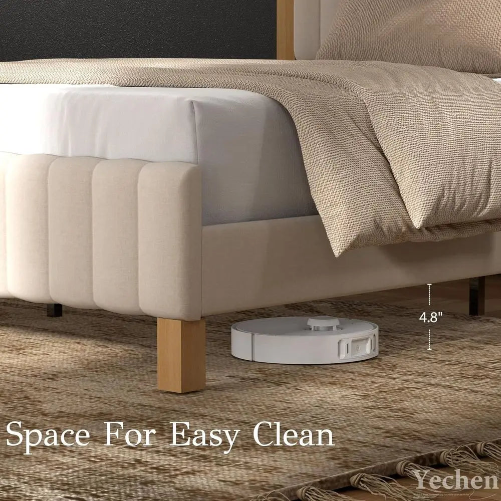 Queen Size Solid Wood Bed Frame with Upholstered Headboard – Beige Linen Platform Bed