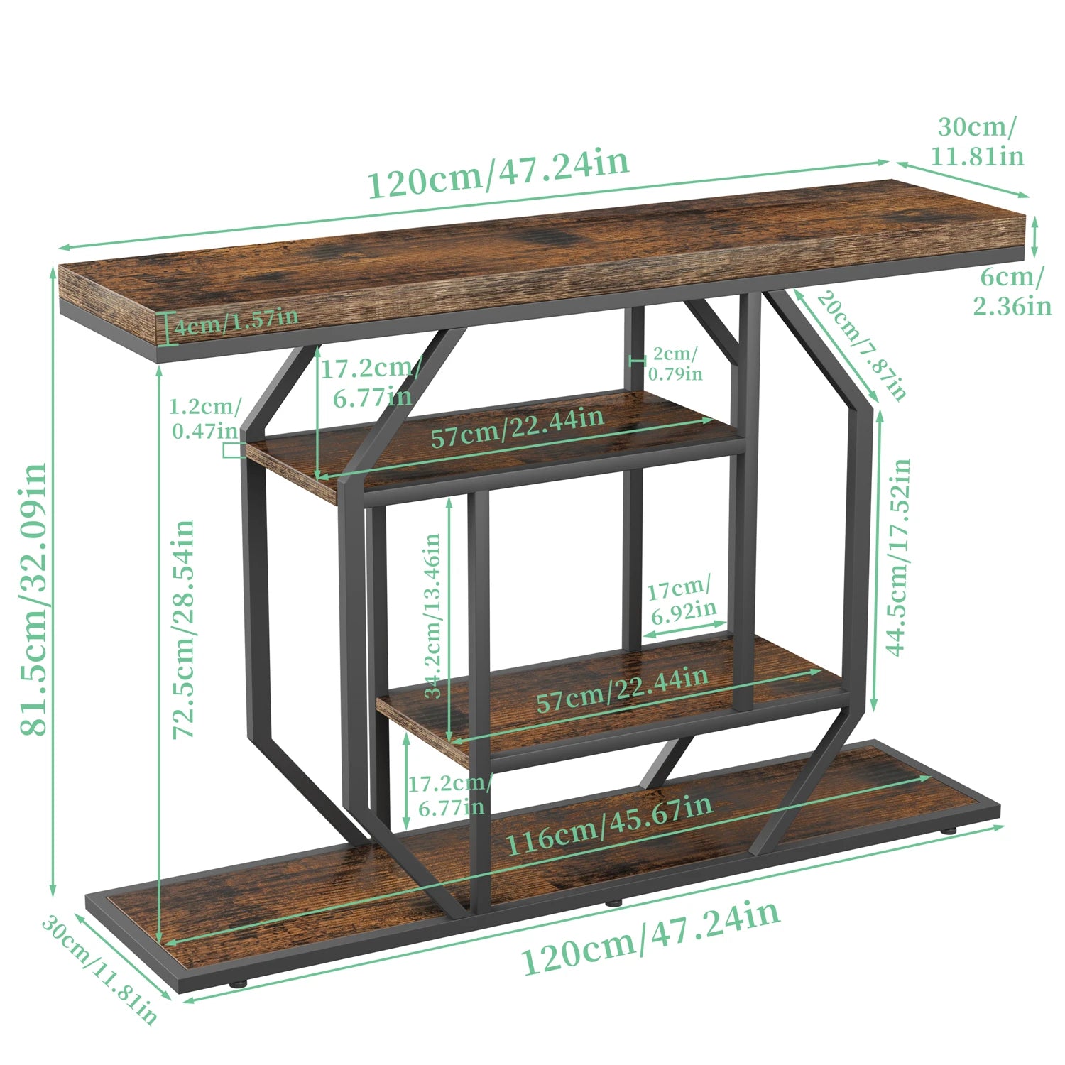 120cm Long Sofa Console Table for Entryway Living Room Sofa Storage Table with 4-tier Shelves Metal Frame