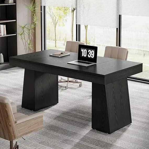 55 Mid-Century Modern Executive Office Desk with Double Trapezoid Base and Wood Construction