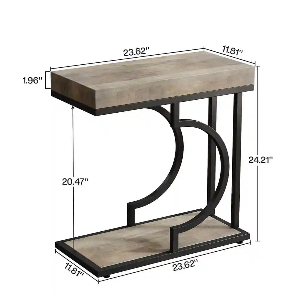 23.6 in. 1 PCS Gray C Shaped Rectangle Wood Narrow Side Table Modern End Side Table with 2-Shelf