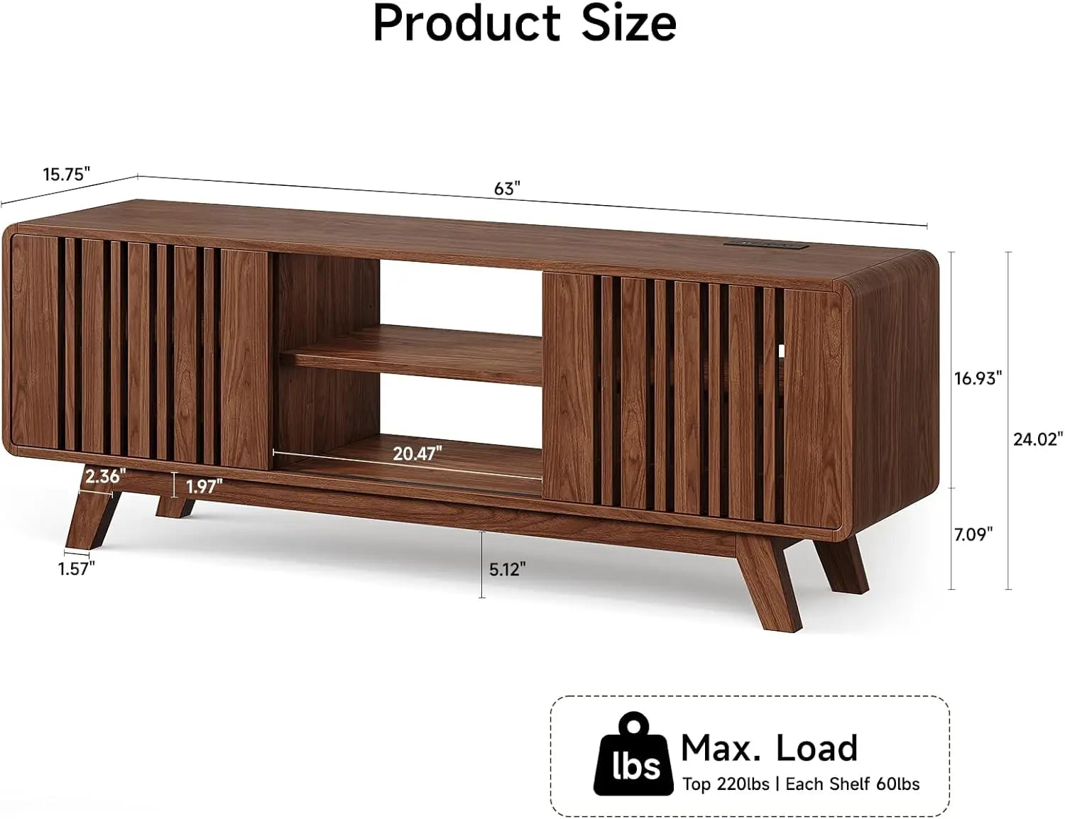 mid-century modern 63" tv stand for 75" tvs with sliding door entertainment center and power outlet