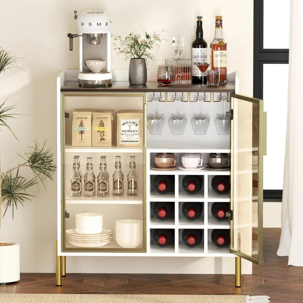 Modern White Coffee Bar Cabinet – Aluminum Frame Glass Door Wine & Liquor Sideboard