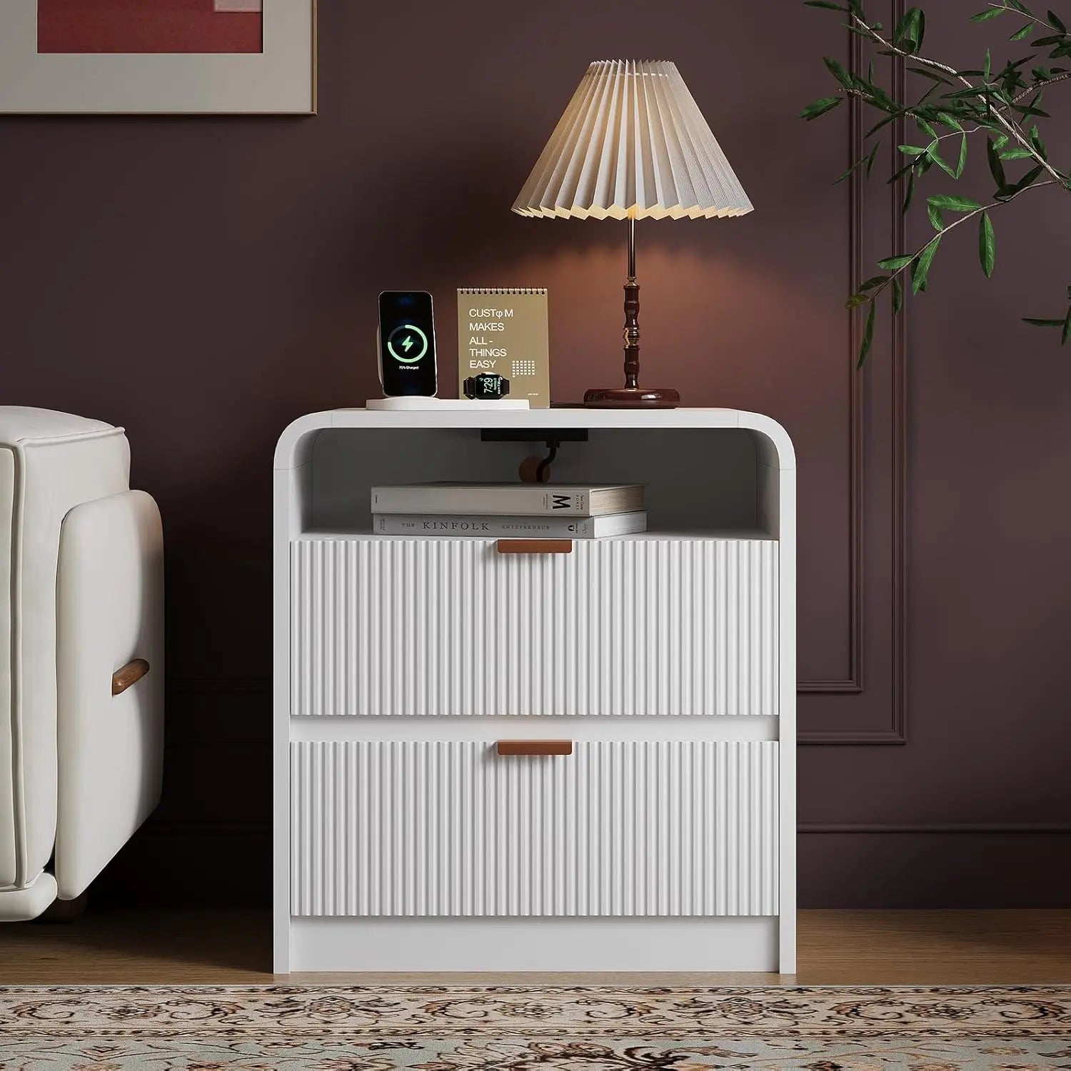 24" Fluted Nightstand with Charging Station, Wooden End Table with 2 Drawers Storage, Curved Profile Design, Modern Bedsi
