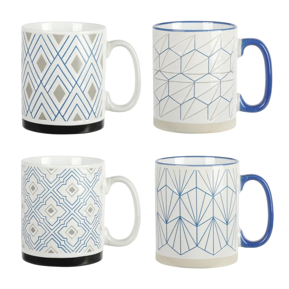 Durable Stoneware Coffee Mug Set 17oz 4 Pieces Embossed Geometric Design Dishwasher Microwave Safe Unique Kitchen Drinkware