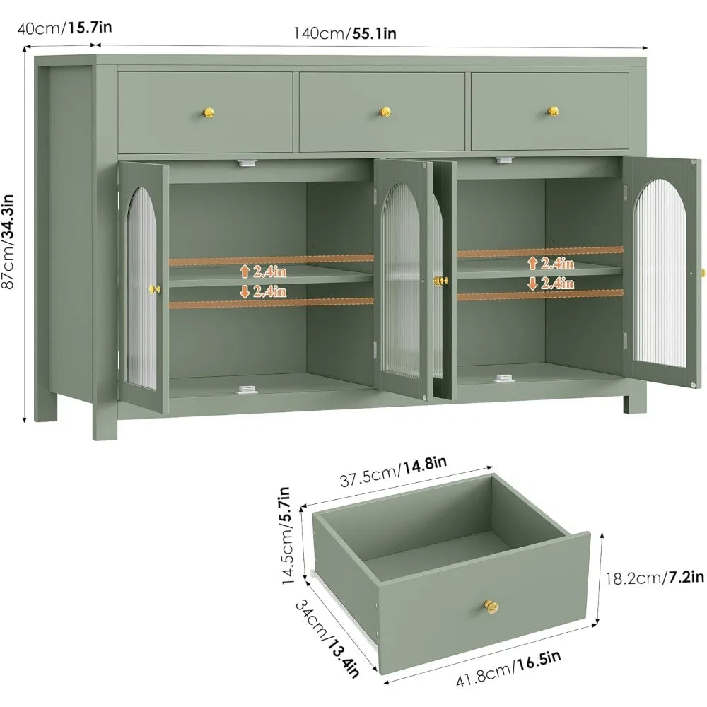 Buffet Cabinet with Storage, 55.1" Large Sideboard Buffet, Farmhouse Kitchen Cabinet with 3 Drawers and 4 Doors, Green