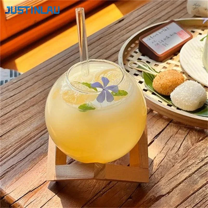 Creative Ronud Ball Glass Cup with Wood Stand Straw Wine Cocktail Glass Cup Clear Moon Ball Cold Drinking Juice Cups
