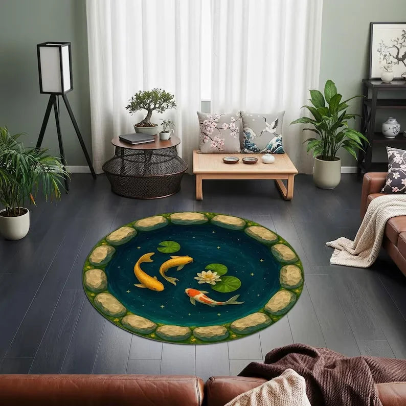 Japanese Koi Fish Round Rug Zen Living Room Living Room Bedroom Home Decoration Carpet
