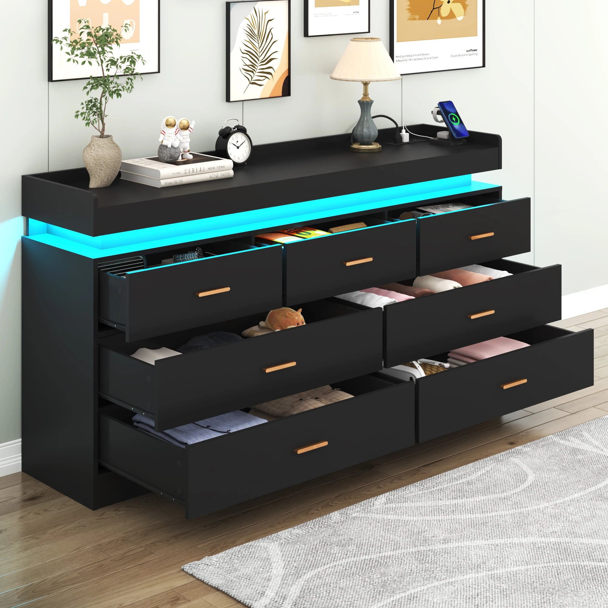 7 Drawer Dresser with LED Light and Charging Station, Modern Chest of Drawers for Closet, Wide Drawer Organizer Cabinet for Bedr