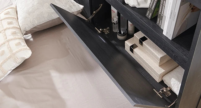 King Size Farmhouse Wood Bed Frame with Storage Bookcase Headboard, LED Light & Charging Station (Black)