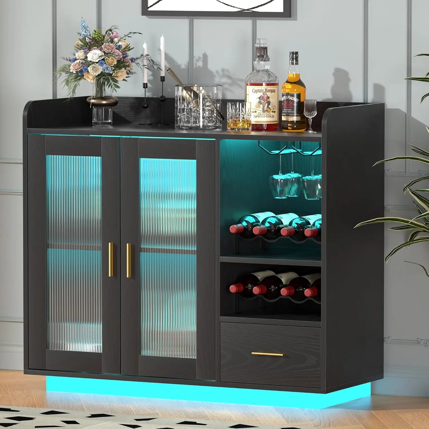 Wine Bar Cabinet with LED Light – Floating Coffee Cabinet with Wine & Glass Rack