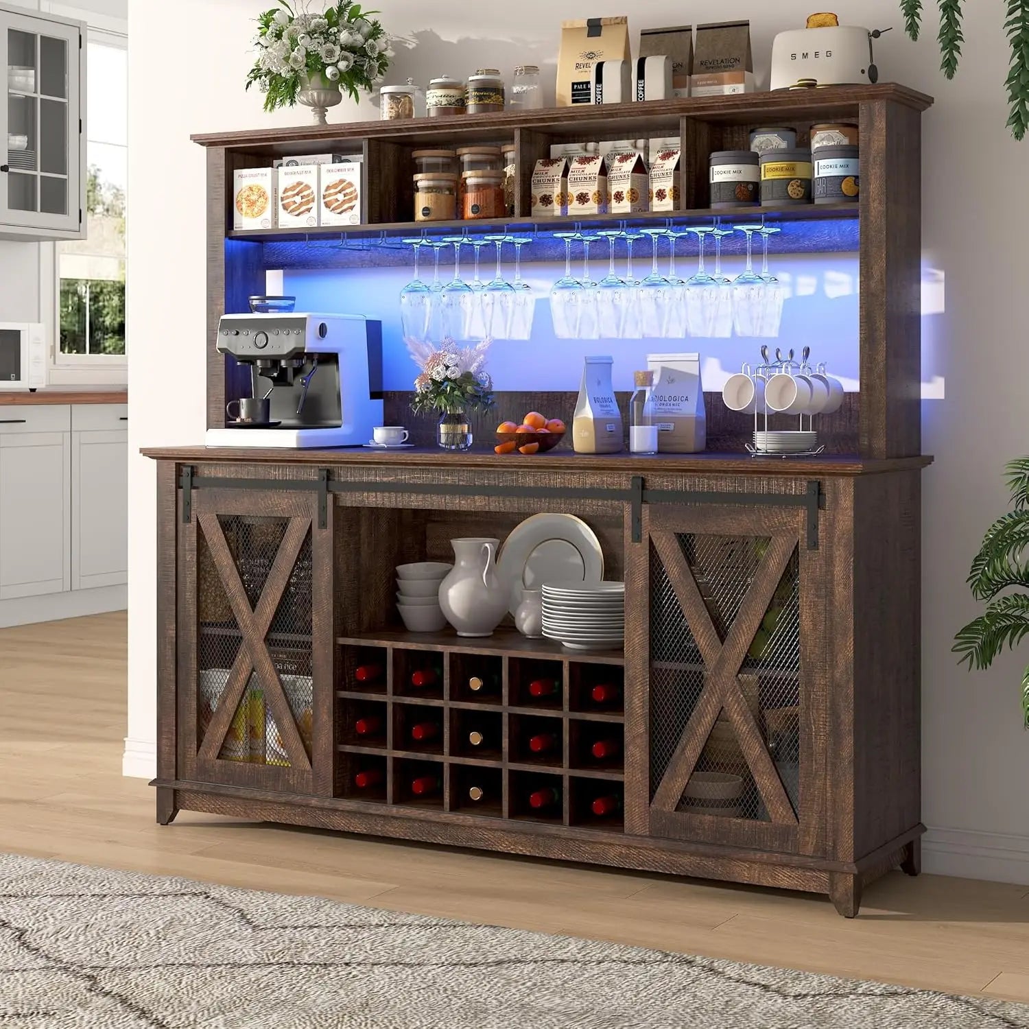 63″ Farmhouse Coffee Bar Cabinet – Brown with LED Light & Sliding Barn Door