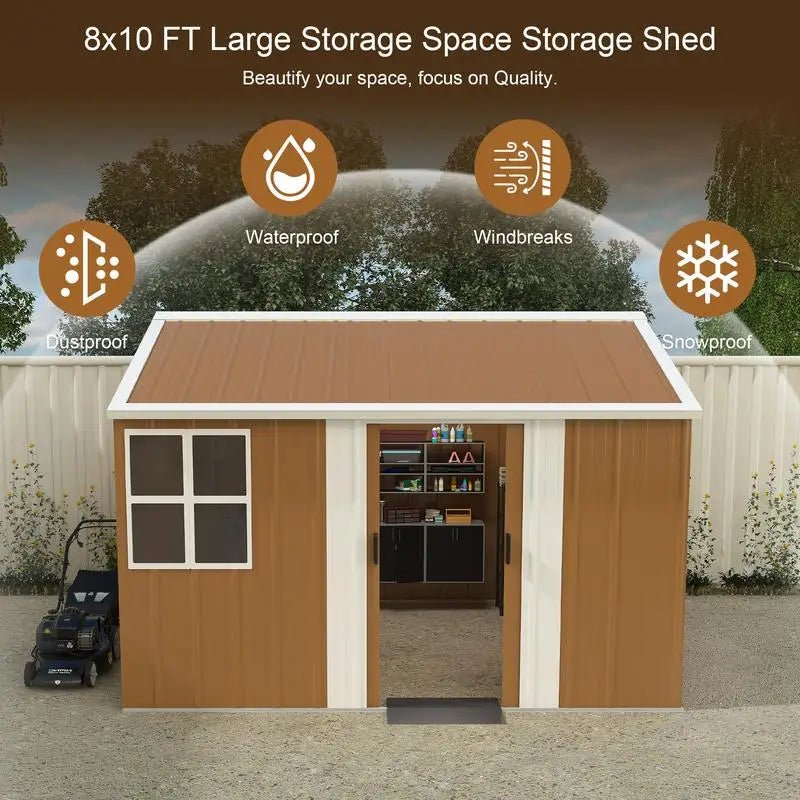 Heavy-Duty 8x10 Ft Metal Storage Shed with Windows and Lockable Door, Weatherproof Outdoor Garden Shed with Ventilation for