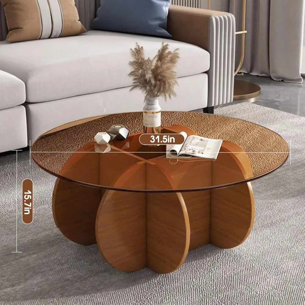 Modern Round Coffee Table with Solid Wood Legs, 31.5'' Glass Coffee Tables for Living Room Rustic Circle Center Cocktail Table