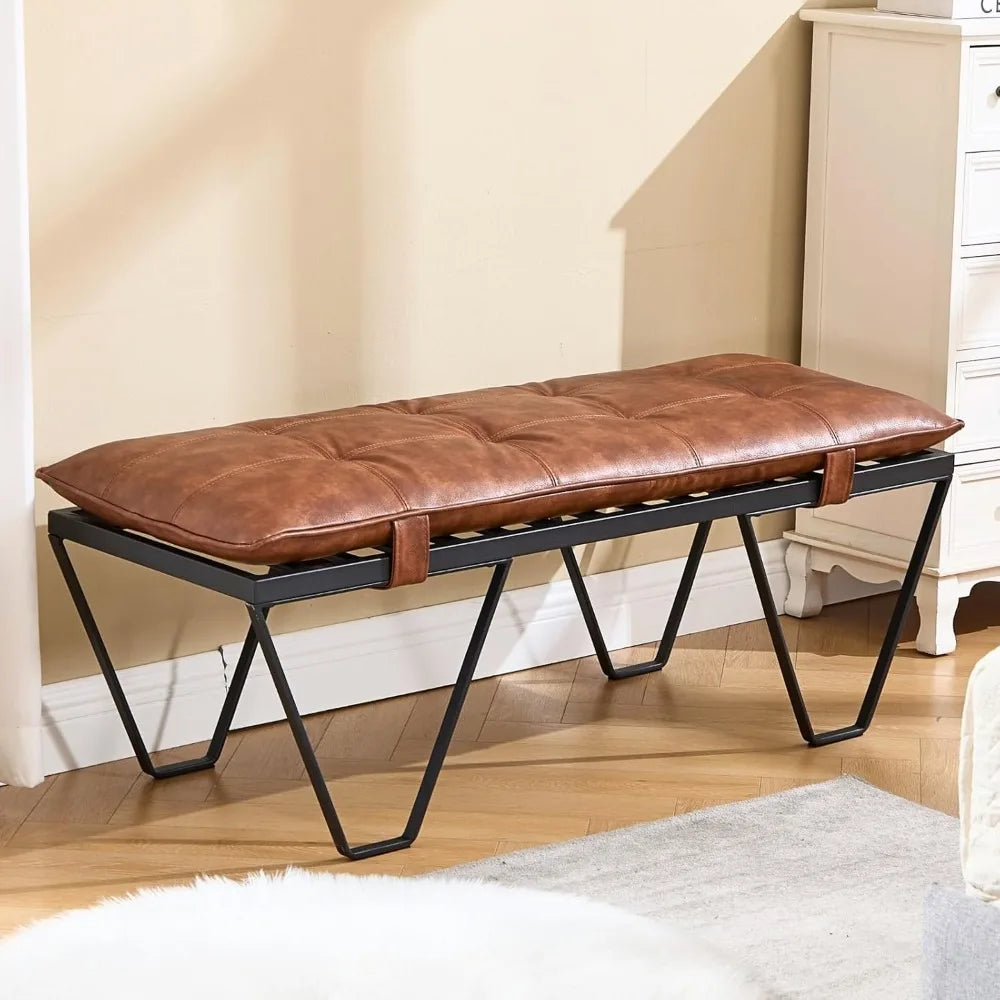 Modern Industrial Entryway Bench – PU Leather Upholstered End-of-Bed Ottoman