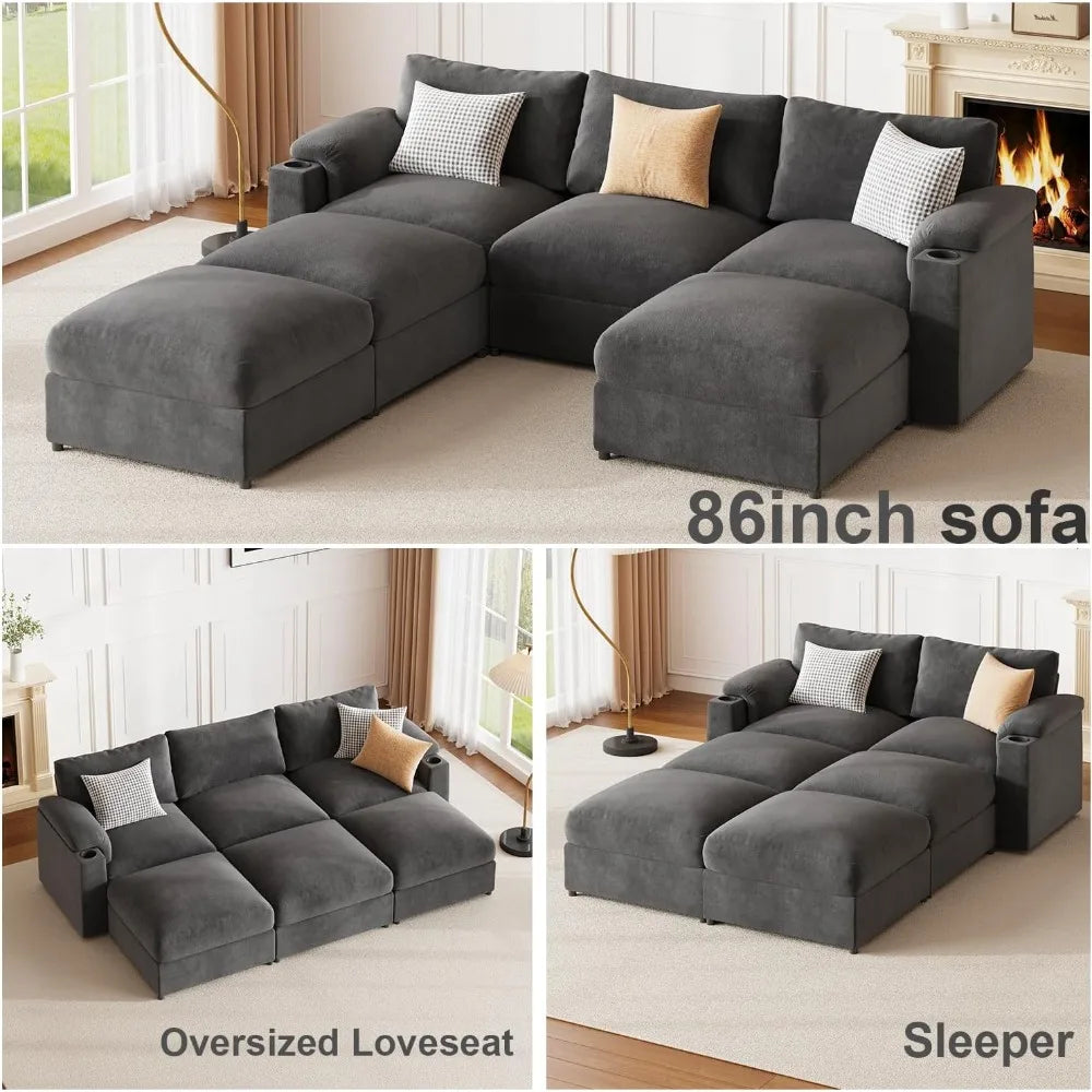 U-Shaped 6-Seat Velvet Cloud Sofa with Deep Seating and Convertible Sleeper for Living Room, 119.6 Inch Sectional Couch
