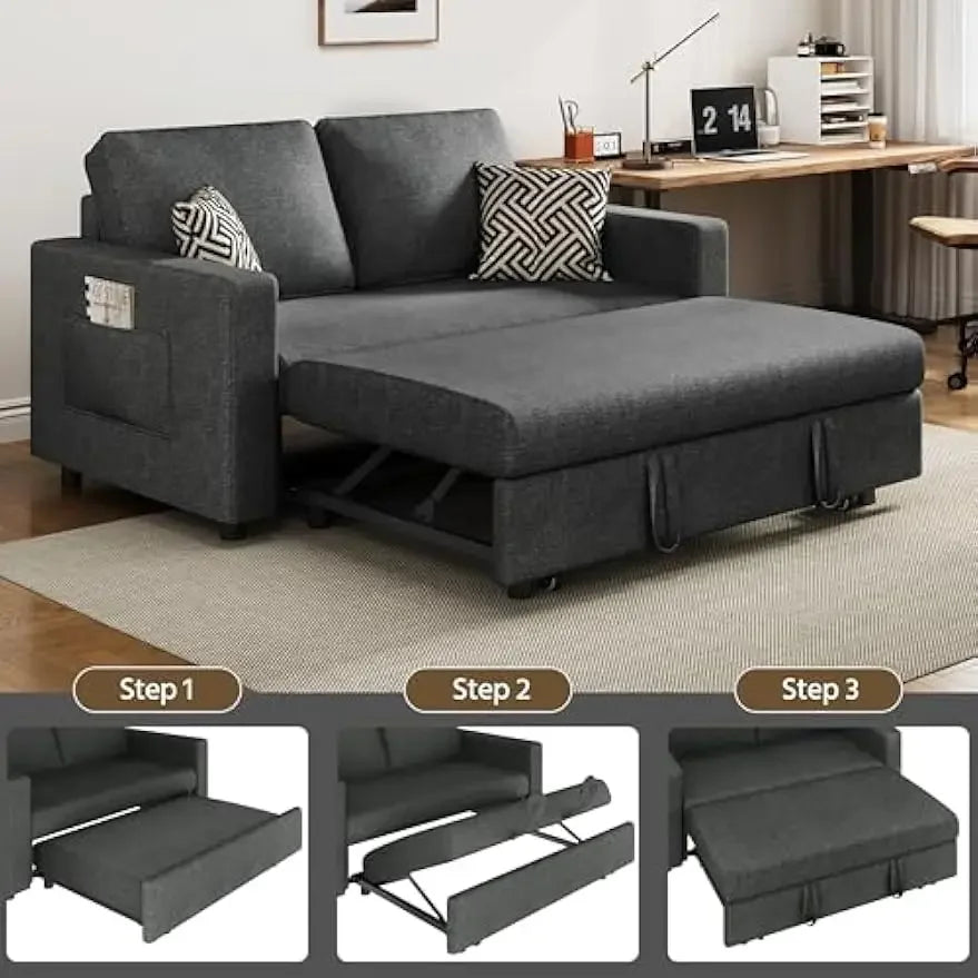 Pull-Out Trundle Bed Sleeper Sofa Convertible Couch for LimitedLiving Room Bedroom Guest Room Dark Gray 55.5 in