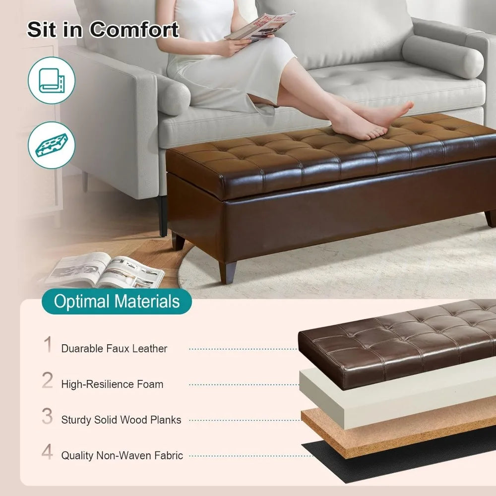 Tufted Leather Storage Ottoman Bench – 51″ Dark Brown