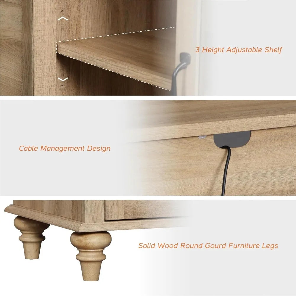 Farmhouse TV Stand for TVs Up to 65 inch, Wood TV Console Table with Storage Cabinets & Glass Door,