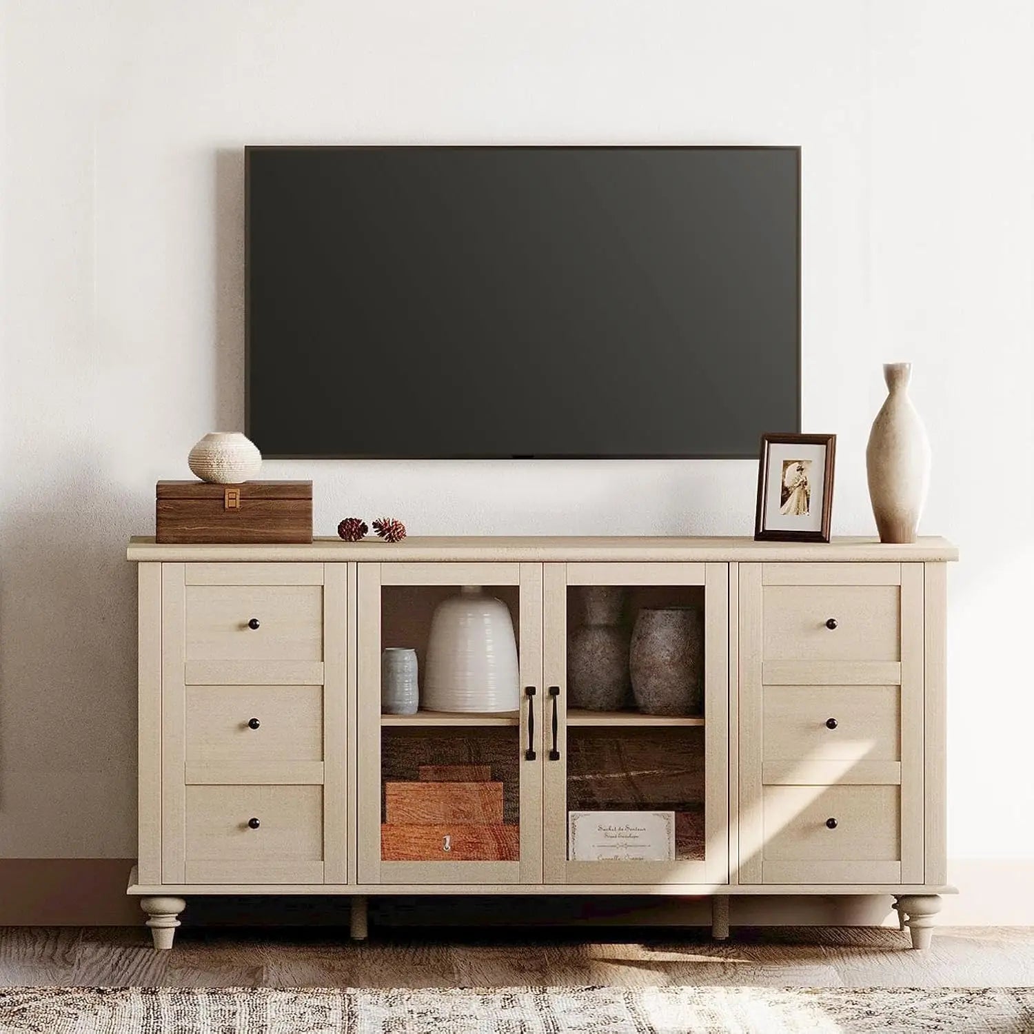 Farmhouse TV Stand for TVs Up to 65 inch, Wood TV Console Table with Storage Cabinets & Glass Door,