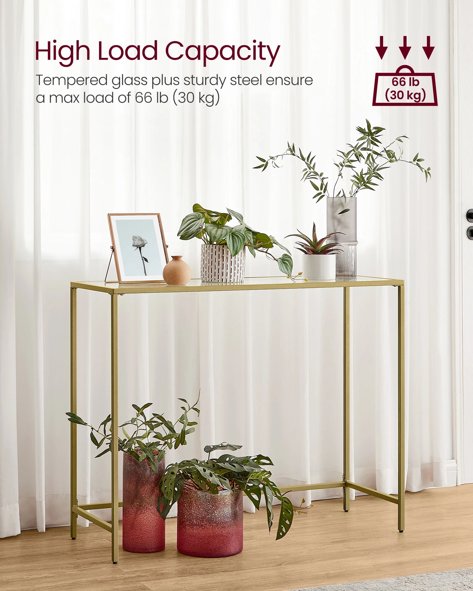 39.4 Inches Console Table, Tempered Glass Sofa Table, Modern Entryway Table, Metal Frame, Easy to Assemble
