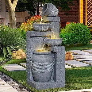 Outdoor Garden Water Fountain with Lights 4 Tiers Cascading Large Waterfall Floor Standing Fountain for Patio, Backyard