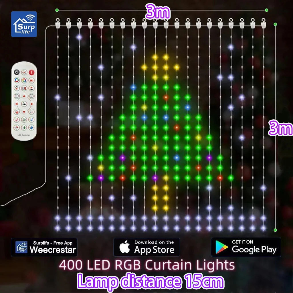 RGB Smart Curtain Lights with Bluetooth App LED String RGB Fairy Lights for for Window Bedroom Decoration Valentine Day/Birthday
