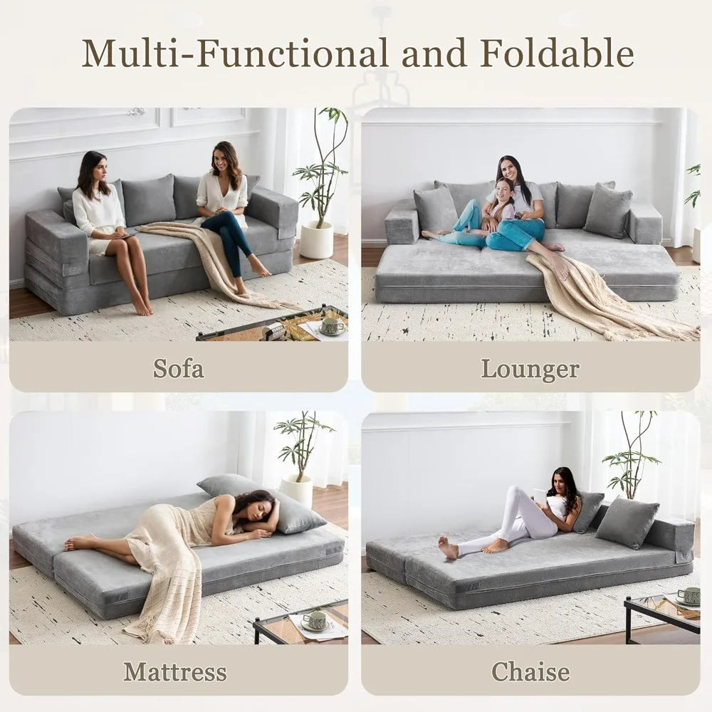 4-in-1 Convertible Folding Sofa Bed Queen, Sleeper Sofa Couch with Armrest and Pillows, Chenille Fold Out Floor Chaise Lounge