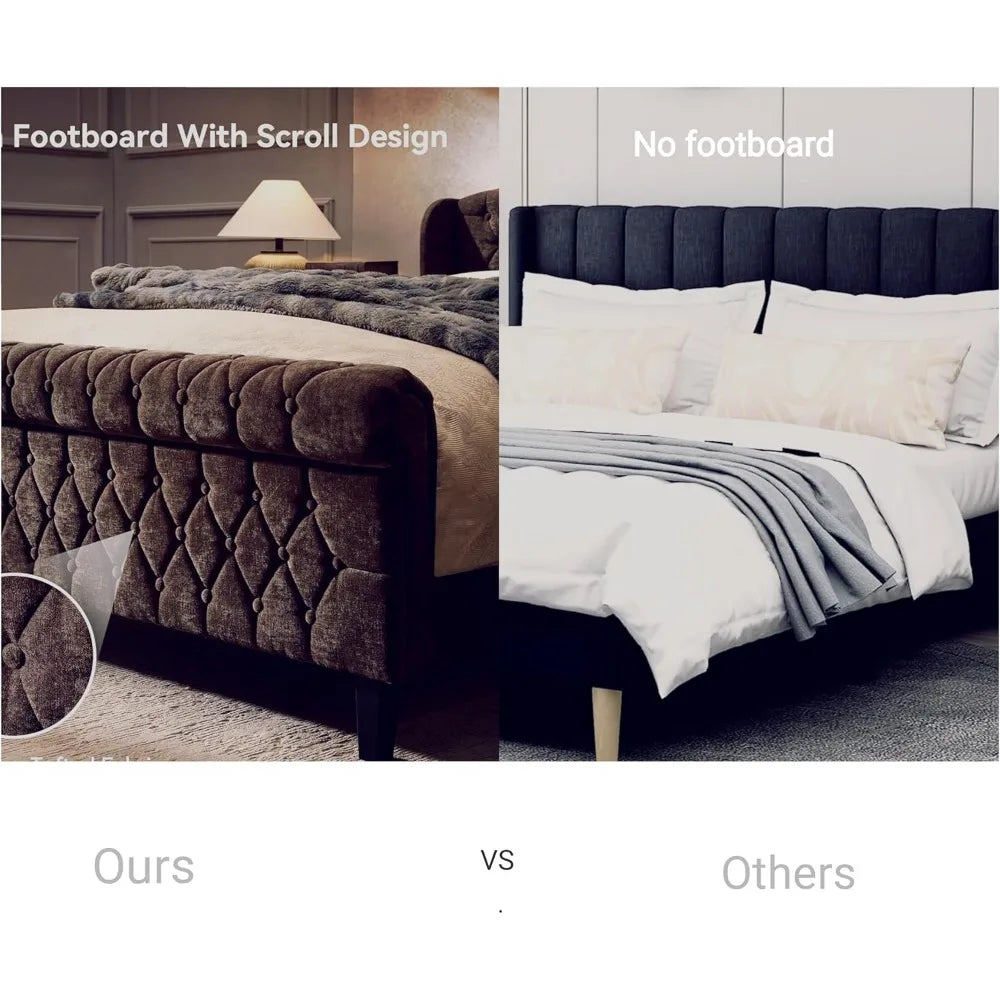 Queen Size Sleigh Bed Frame – Chenille Upholstered Wingback Headboard with Button-Tufted Scroll Footboard