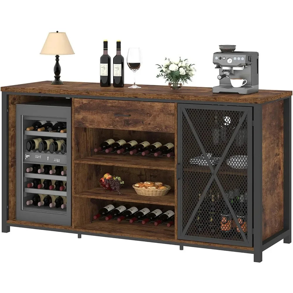 Farmhouse Wood & Metal Wine Cabinet – Large Bar Cabinet with Refrigerated Space