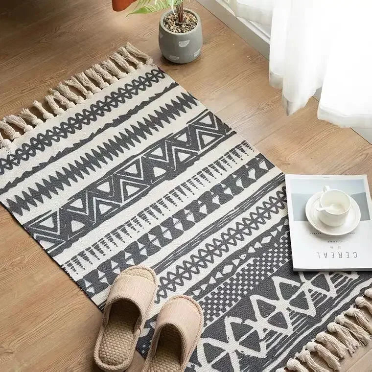 Nordic Cotton And Linen Knit Rug Ethnic Style Carpet Tassel Small Rug Bedroom Kitchen Rugs Mat Boho Washable Home Decoration