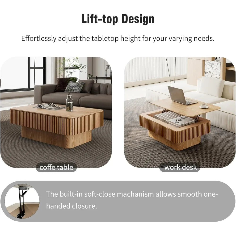 Smart Lift-Top Coffee Table – Modern Fluted Coffee Table with Storage