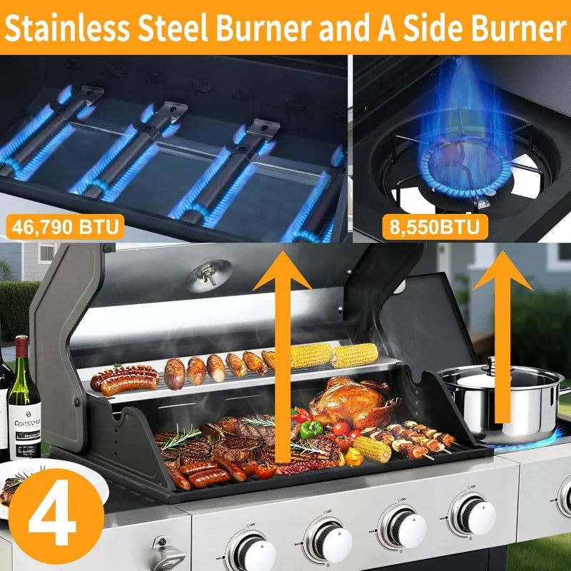 4 Burner Propane Gas BBQ Grill with Side Burner - 46890 BTU Output Stainless Steel Grill with Enameled Cast Iron Cooking