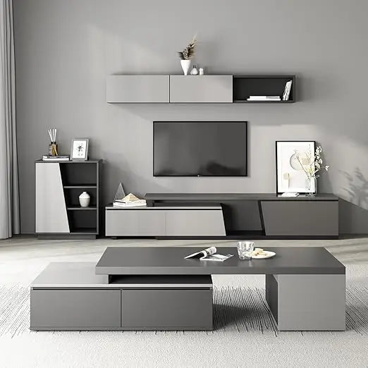 TROEC Extendable Modern Coffee Table with Large Storage Drawers, Black & Grey