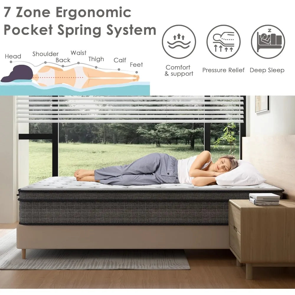 Mattress, 12 Inch Firm Hybrid  Bed Mattress in a Box with Gel Memory Foam, Individually Coil Pocket Spring Mattresses