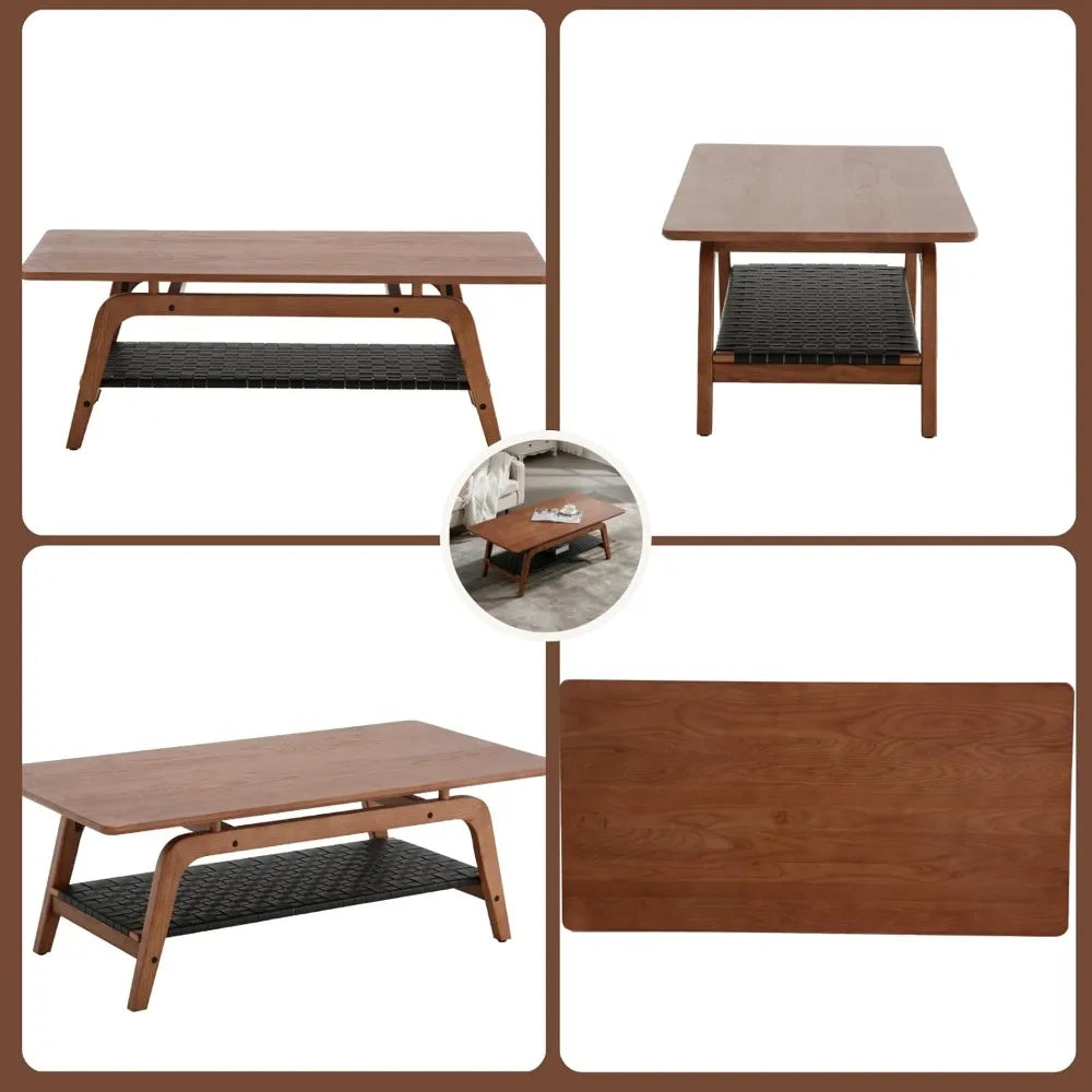 Solid Wood Coffee Table – 47” Mid-Century Modern Rectangular Coffee Table with 2-Tier Storage
