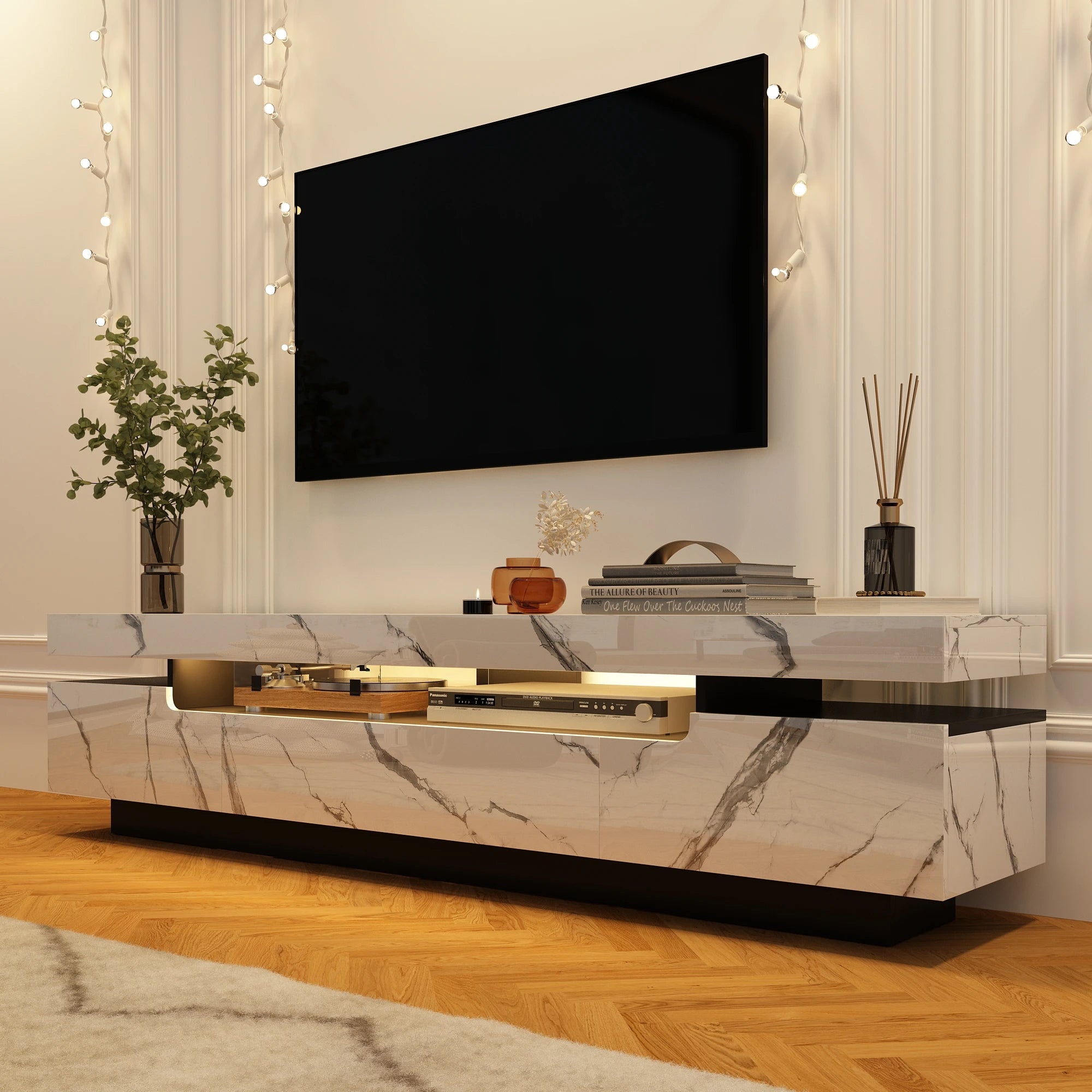 71In LED TV Stand for 75/80 Inch TV, Modern Gaming TV Cabinet for Living Room, High Gloss Entertainment Center with Storage