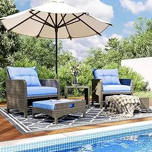 5 Pieces Patio Furniture Set, Rattan Balcony Furniture with Ottomans, PE Wicker Outdoor Patio Chairs Set with Coffee Table for