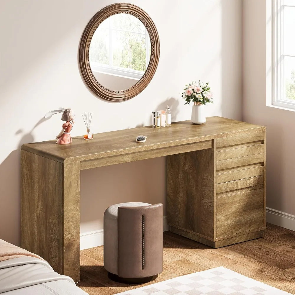 Computer desk with 3 drawers, farmhouse home office desk with storage cabinet, study desk, office workstation, walnut wood