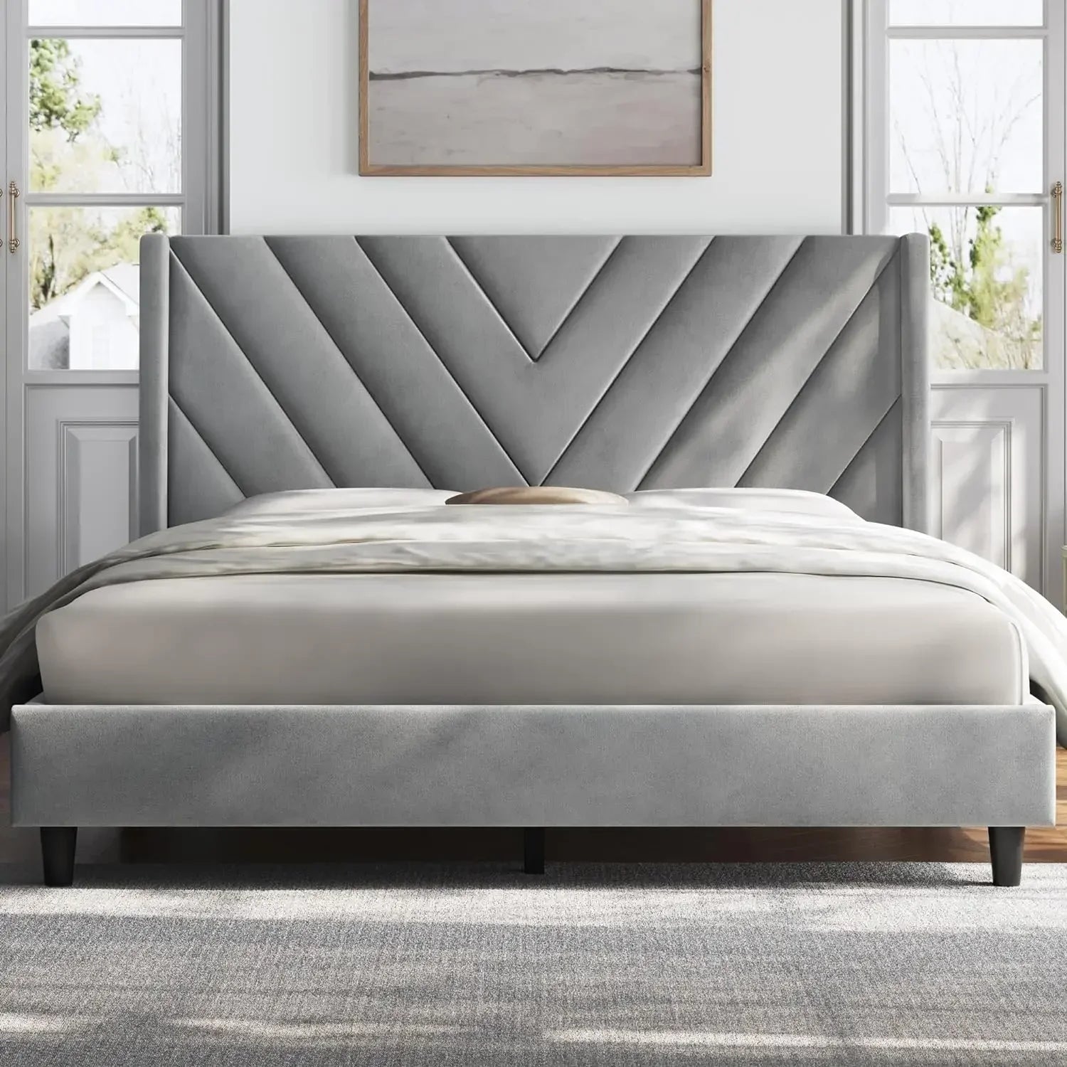 Upholstered Platform Bed Frame – Tufted Wingback Headboard with Wooden Slat Support