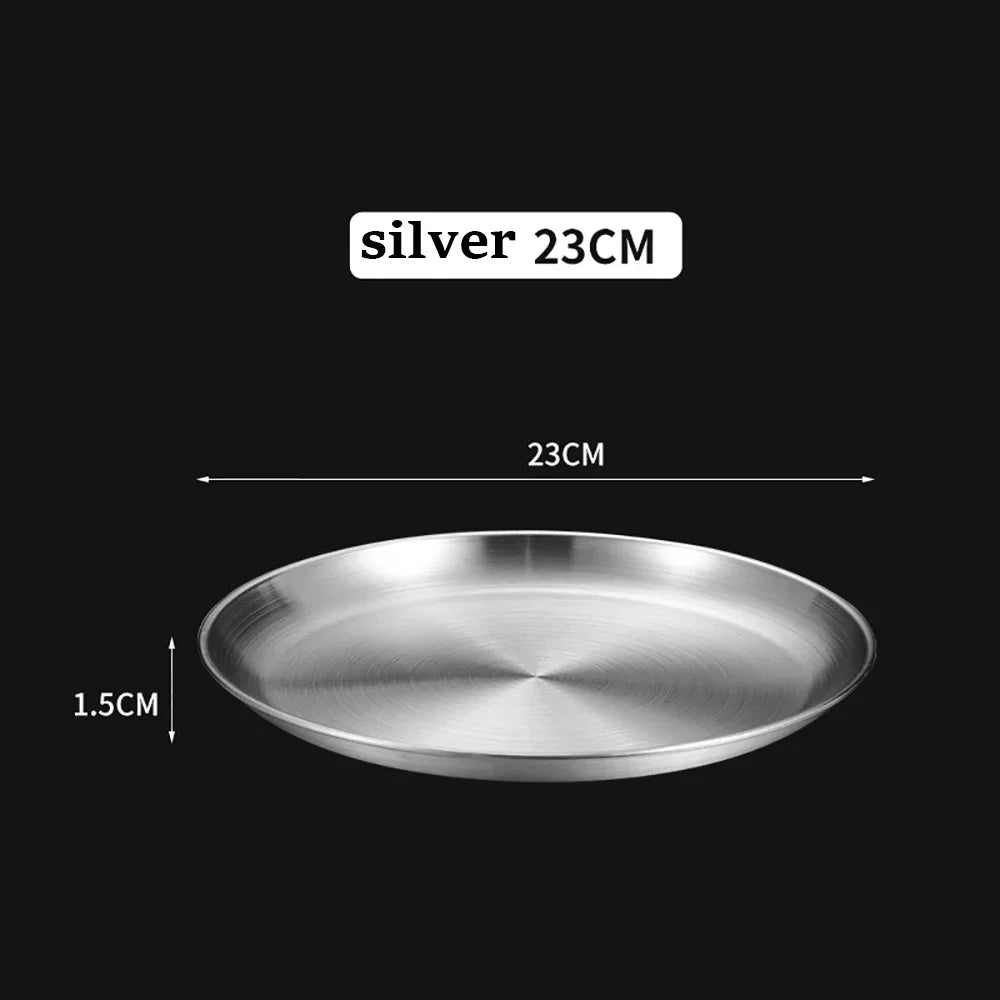 Gold Stainless Steel Round Plate – Rust-Proof Shallow Tray for Dining & Outdoor Use
