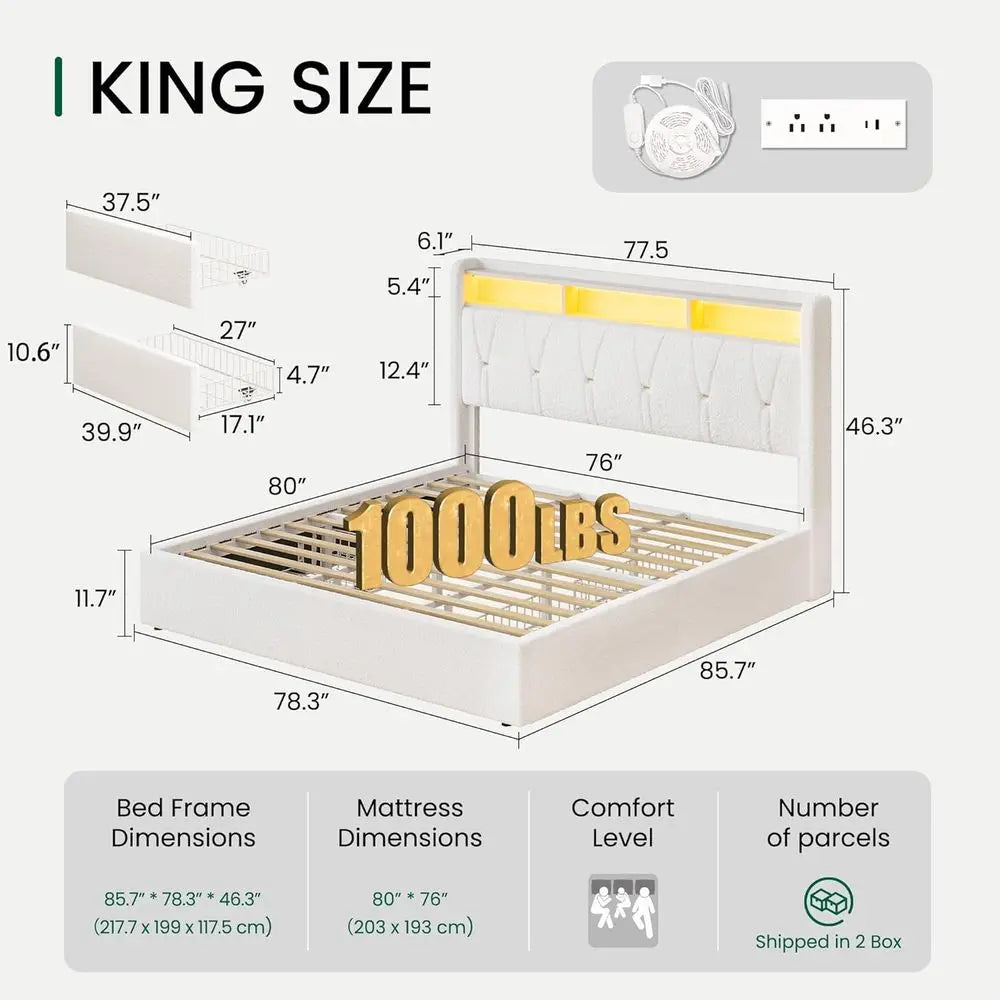 King Size Upholstered Bed Frame with 4 Storage Drawers – Bouclé Headboard, LED Lights & Charging Station