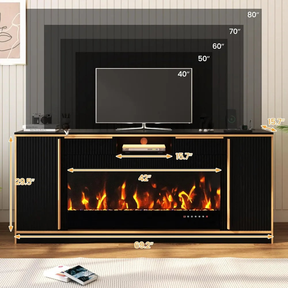 42" Electric Fireplace TV Console Stand for up to 80" TVs with Crystal Stone Colorful LED Lights Entertainment Center