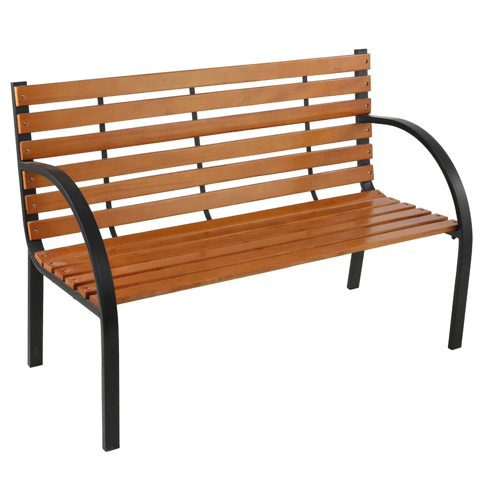 48" Hardwood Slotted Steel Cast Iron Frame Outdoor Patio Garden Bench Park Seat Classic Design, Blend Perfectly With Nature