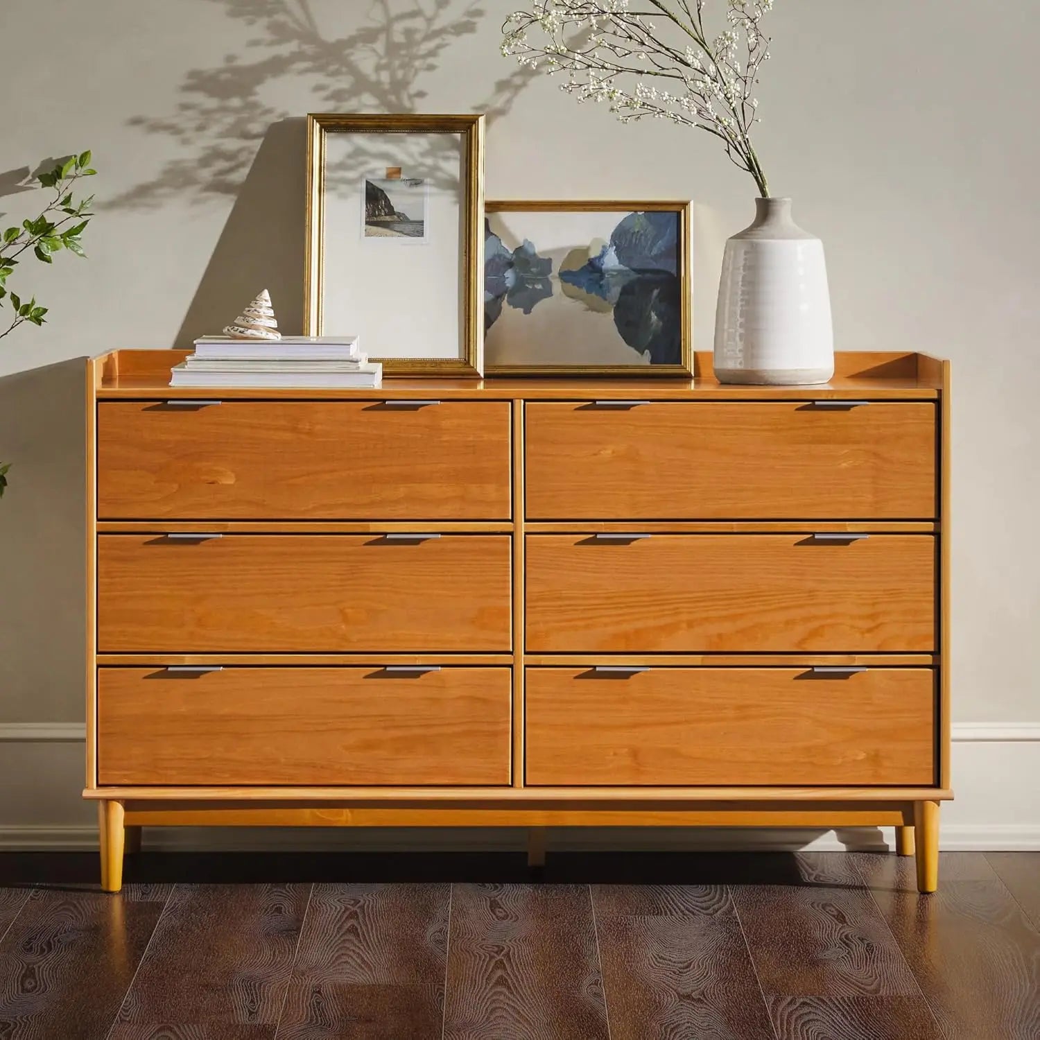 Polay Modern Solid Wood 6-Drawer Dresser with Gallery-Top 55 Inch Caramel